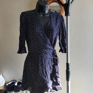 LOFT Navy and White Polka-dot Wrap Dress